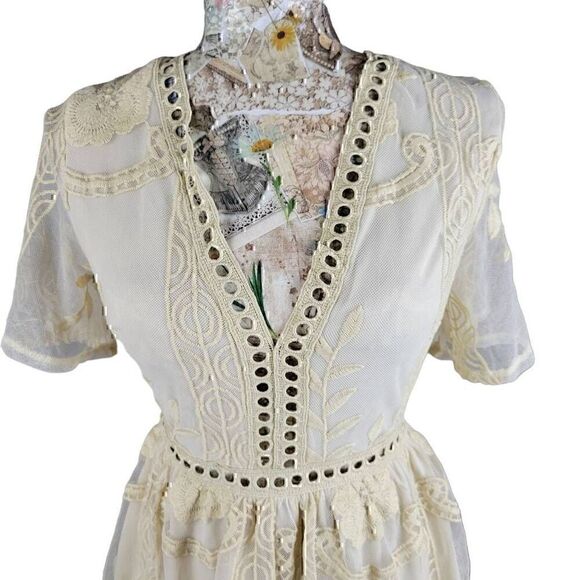 Alythea Sheer Embroidered Neutral Feminine Cottagecore Dress Shorts Romper - Picture 2 of 10